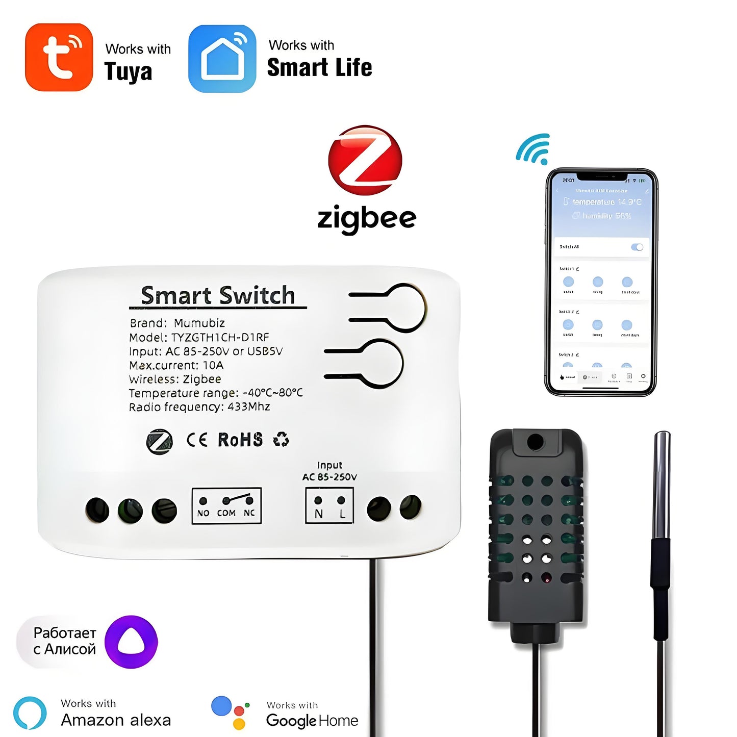 Mumubiz Zigbee 1 Gang Smart Switch with Temperature Humidity Sensor, Tuya Smart Life APP ,Passive Dry Contact Relay