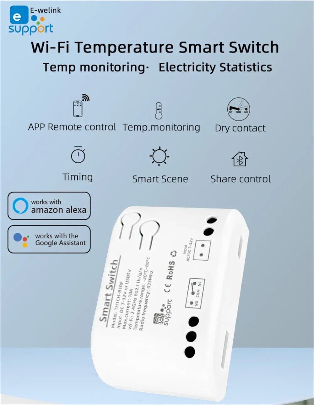 Mumubiz WiFi Temperature Humidity Switch 7-32V Passive Dry Contact Relay , eWelink APP