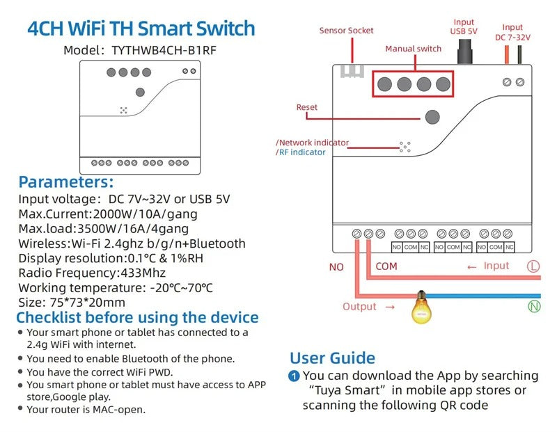 Mumubiz 7-32V WiFi 4 Channel TH Switch With DIN Rail, Temperature or Humidity Sensor Included, Tuya Smart Life APP