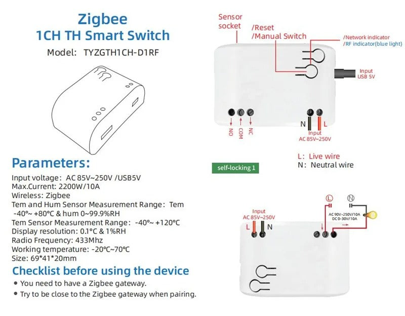 Mumubiz Zigbee 1 Gang Smart Switch with Temperature Humidity Sensor, Tuya Smart Life APP ,Passive Dry Contact Relay