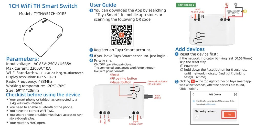 Mumubiz 85~250V WiFi Switch 1 Channel Relay Temperature Humidity Monitoring Thermostat Sensor Passive Dry Contact, Tuya Smart Life APP