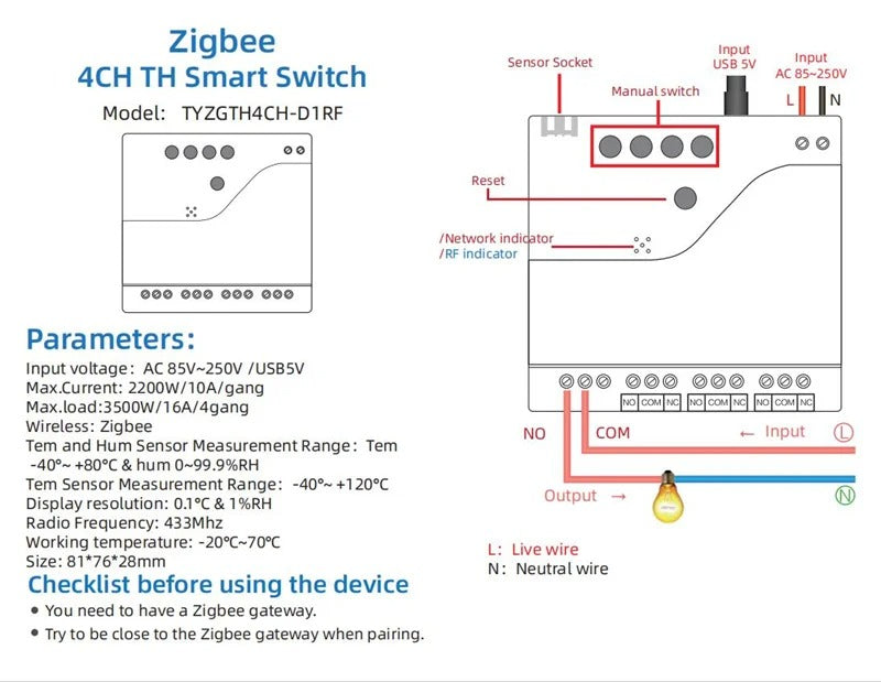 Mumubiz Tuya Zigbee 4 Gang Smart Switch with Temperature or Humidity Sensor Passive Dry Contact 32V 250V Switch Relay