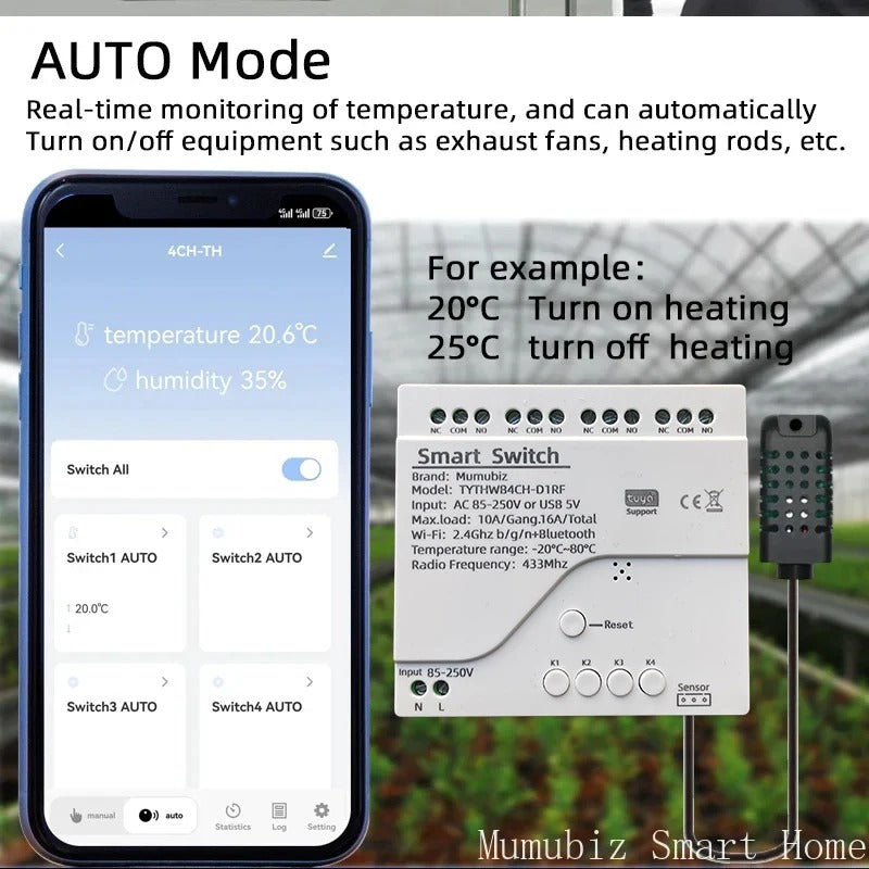 Mumubiz WiFi 250V 4 Channel Temperature Humidity Smart Switch, Tuya Smart Life APP, Passive Dry Contact Module