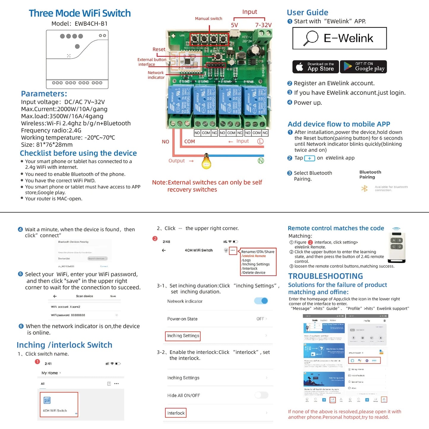 Mumubiz Smart DIY Switch 5V AC/DC 7-32V WiFi Relay Garage Door Opener ,1/2/4 Channel , eWelink APP