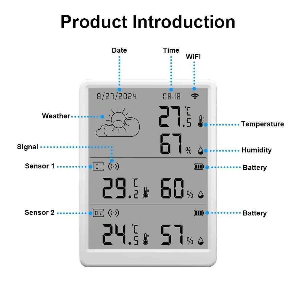Tuya LCD Screen WIFI Weather Station Wireless Digital Indoor/Outdoor Forecast with 2 Sensors Hygrometer Humidity Temperature
