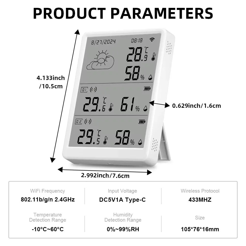 Tuya LCD Screen WIFI Weather Station Wireless Digital Indoor/Outdoor Forecast with 2 Sensors Hygrometer Humidity Temperature