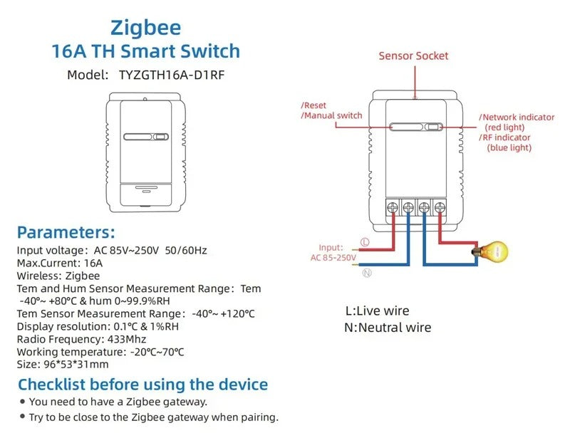 Mumubiz Tuya Zigbee Switch With Temperature Humidity Sensor ,Smart 16A 3000W Thermostat TH16 Data Monitoring