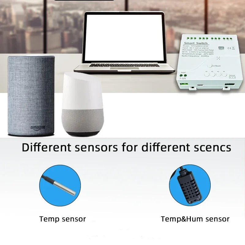 Mumubiz 7-32V WiFi 4 Channel TH Switch With DIN Rail, Temperature or Humidity Sensor Included, Tuya Smart Life APP
