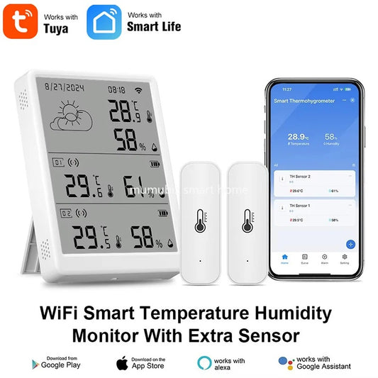 Tuya LCD Screen WIFI Weather Station Wireless Digital Indoor/Outdoor Forecast with 2 Sensors Hygrometer Humidity Temperature
