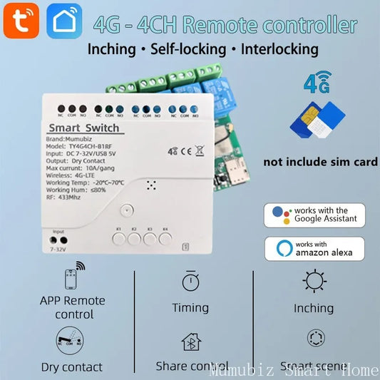 Mumubiz Smart 4G LTE Relay with RF 433Mhz Smart GSM Switch , Tuya Smart Life APP Wireless Control Work With Alexa Alice Google Assistant