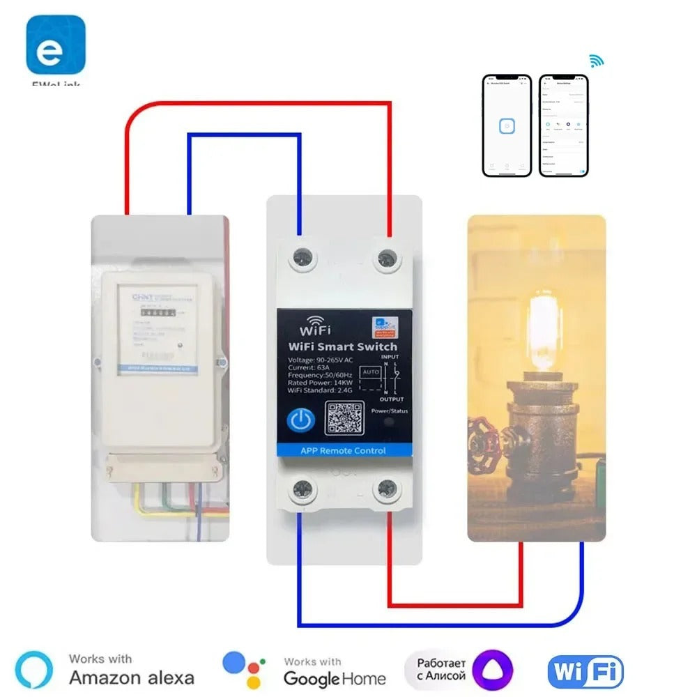 eWelink 63A Din Rail Smart Switch Relay With Power Consumption, WiFi Automation Modules, Compatible with Alexa