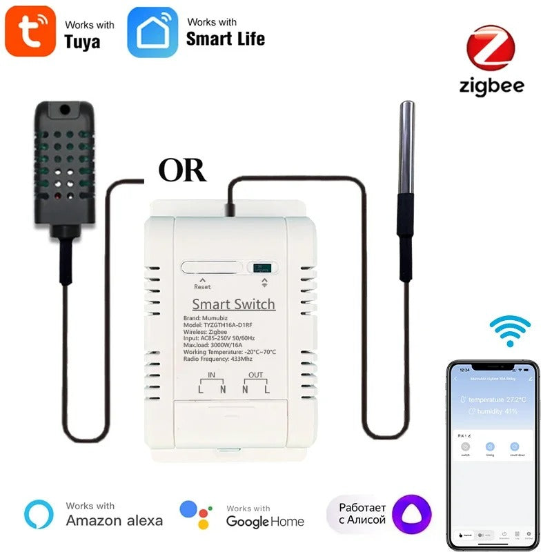 Mumubiz Tuya Zigbee Switch With Temperature Humidity Sensor ,Smart 16A 3000W Thermostat TH16 Data Monitoring