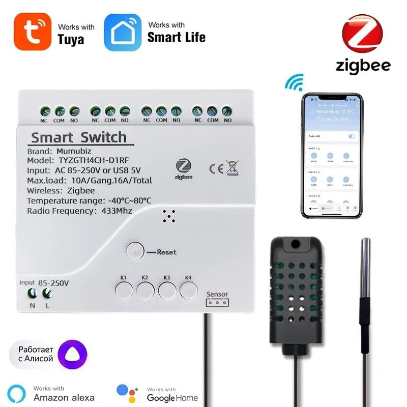 Mumubiz Tuya Zigbee 4 Gang Smart Switch with Temperature or Humidity Sensor Passive Dry Contact 32V 250V Switch Relay