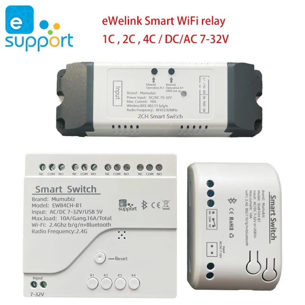 Mumubiz Smart DIY Switch 5V AC/DC 7-32V WiFi Relay Garage Door Opener ,1/2/4 Channel , eWelink APP