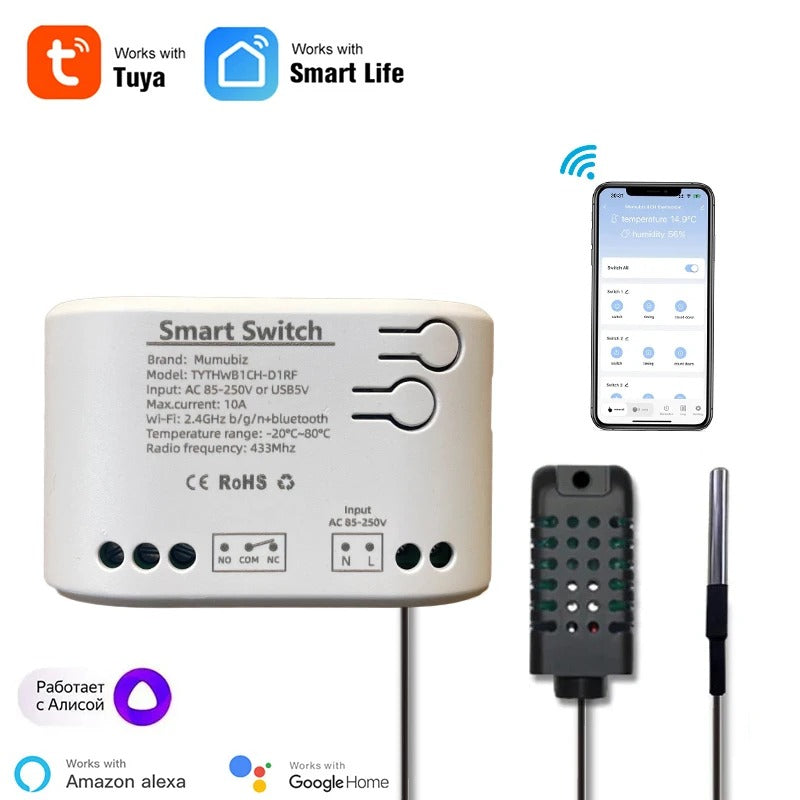 Mumubiz 85~250V WiFi Switch 1 Channel Relay Temperature Humidity Monitoring Thermostat Sensor Passive Dry Contact, Tuya Smart Life APP