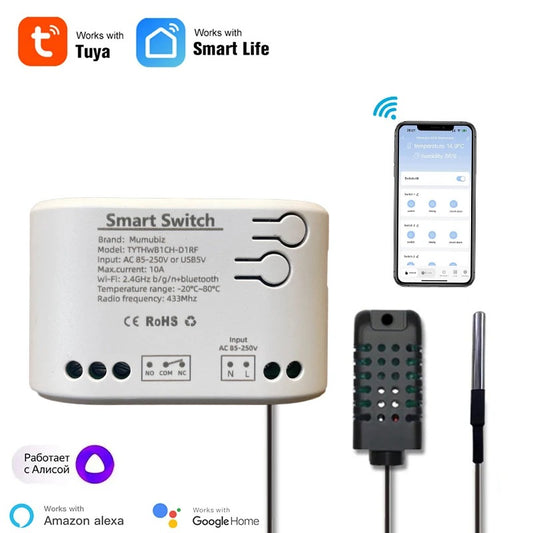 Mumubiz 85~250V WiFi Switch 1 Channel Relay Temperature Humidity Monitoring Thermostat Sensor Passive Dry Contact, Tuya Smart Life APP