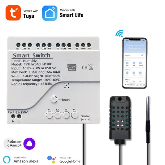 Mumubiz WiFi 250V 4 Channel Temperature Humidity Smart Switch, Tuya Smart Life APP, Passive Dry Contact Module