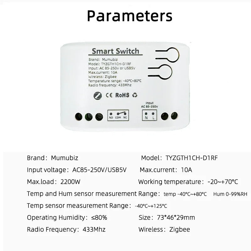 Mumubiz Zigbee 1 Gang Smart Switch with Temperature Humidity Sensor, Tuya Smart Life APP ,Passive Dry Contact Relay