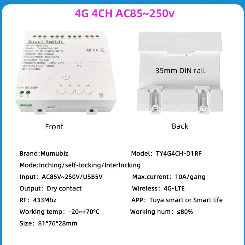 Mumubiz Smart 4G LTE Relay with RF 433Mhz Smart GSM Switch , Tuya Smart Life APP Wireless Control Work With Alexa Alice Google Assistant