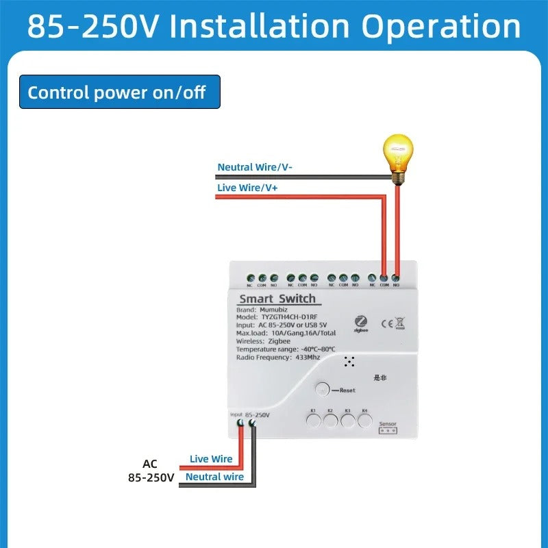 Mumubiz Tuya Zigbee 4 Gang Smart Switch with Temperature or Humidity Sensor Passive Dry Contact 32V 250V Switch Relay