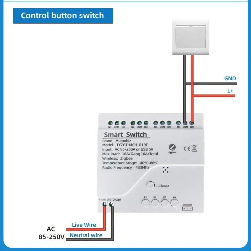 Mumubiz Tuya Zigbee 4 Gang Smart Switch with Temperature or Humidity Sensor Passive Dry Contact 32V 250V Switch Relay