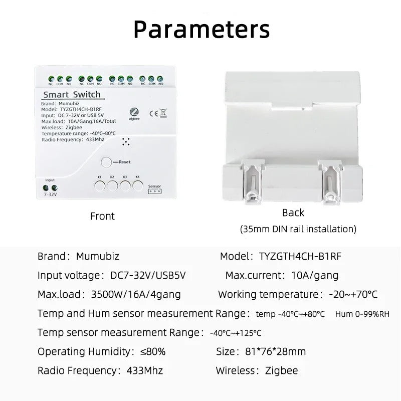 Mumubiz Tuya Zigbee 4 Gang Smart Switch with Temperature or Humidity Sensor Passive Dry Contact 32V 250V Switch Relay
