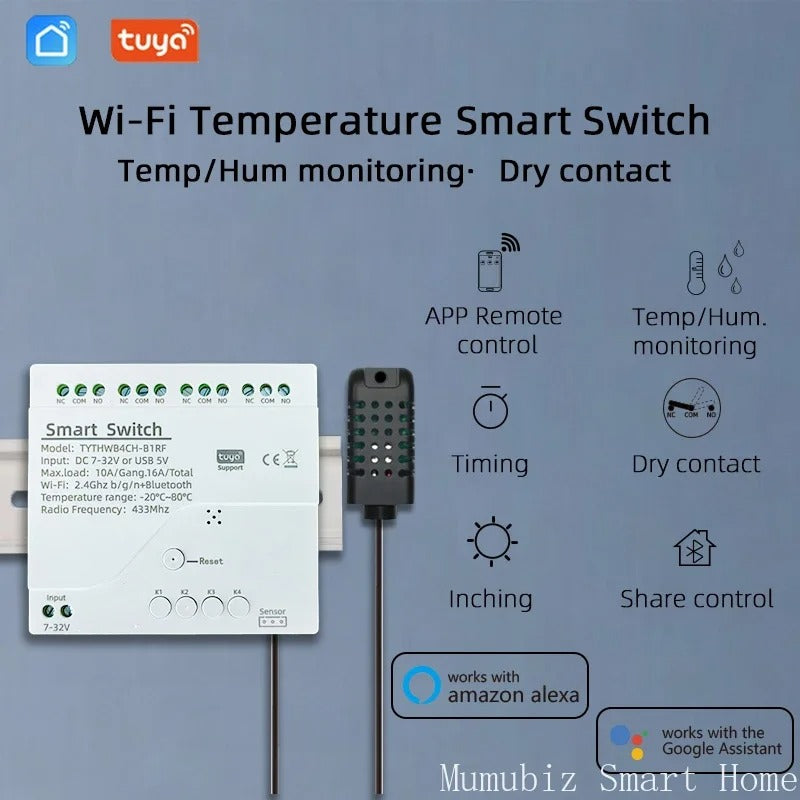Mumubiz 7-32V WiFi 4 Channel TH Switch With DIN Rail, Temperature or Humidity Sensor Included, Tuya Smart Life APP