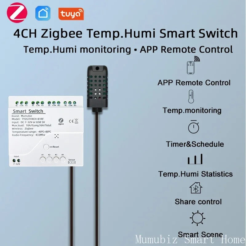 Mumubiz Tuya Zigbee 4 Gang Smart Switch with Temperature or Humidity Sensor Passive Dry Contact 32V 250V Switch Relay