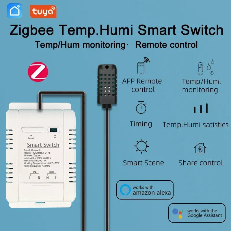 Mumubiz Tuya Zigbee Switch With Temperature Humidity Sensor ,Smart 16A 3000W Thermostat TH16 Data Monitoring