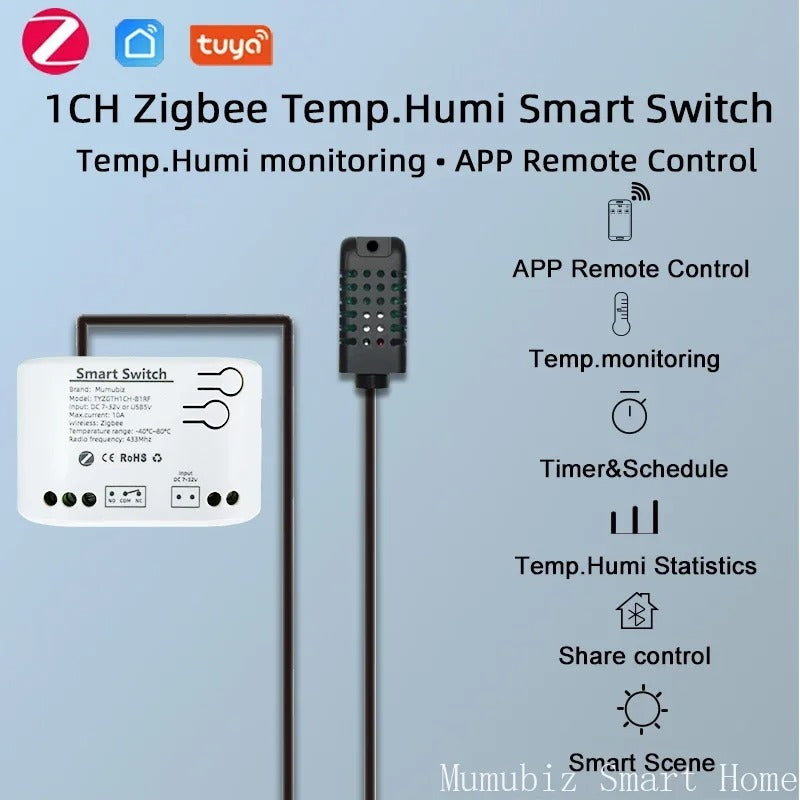 Mumubiz Zigbee 1 Gang Smart Switch with Temperature Humidity Sensor, Tuya Smart Life APP ,Passive Dry Contact Relay