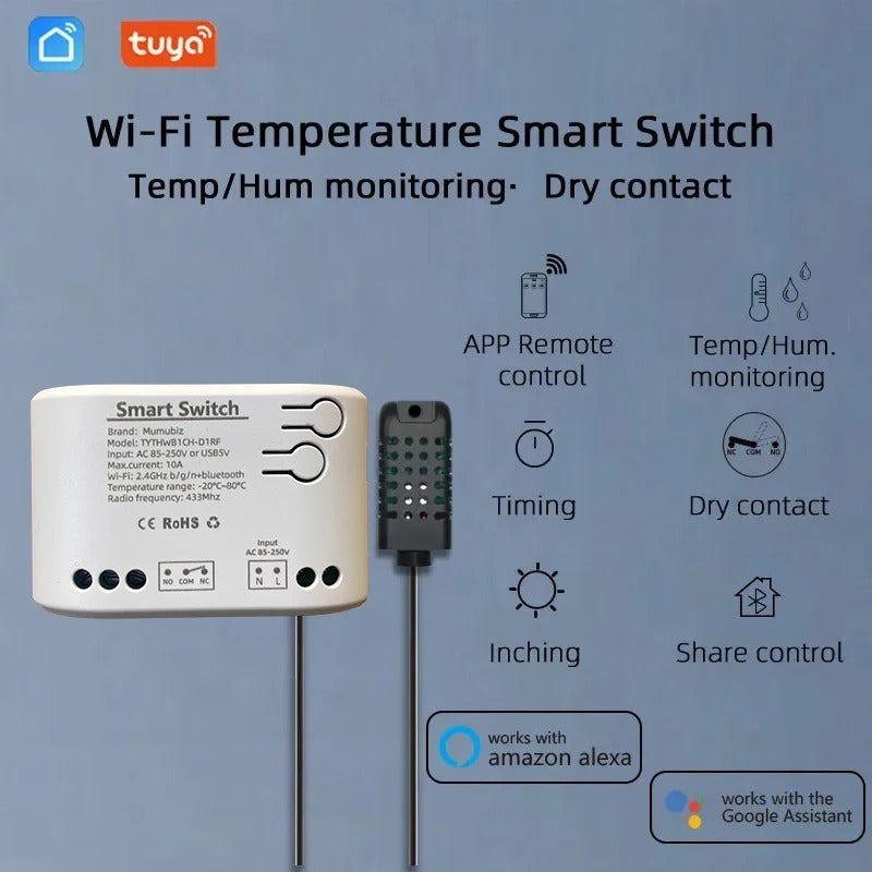 Mumubiz 85~250V WiFi Switch 1 Channel Relay Temperature Humidity Monitoring Thermostat Sensor Passive Dry Contact, Tuya Smart Life APP