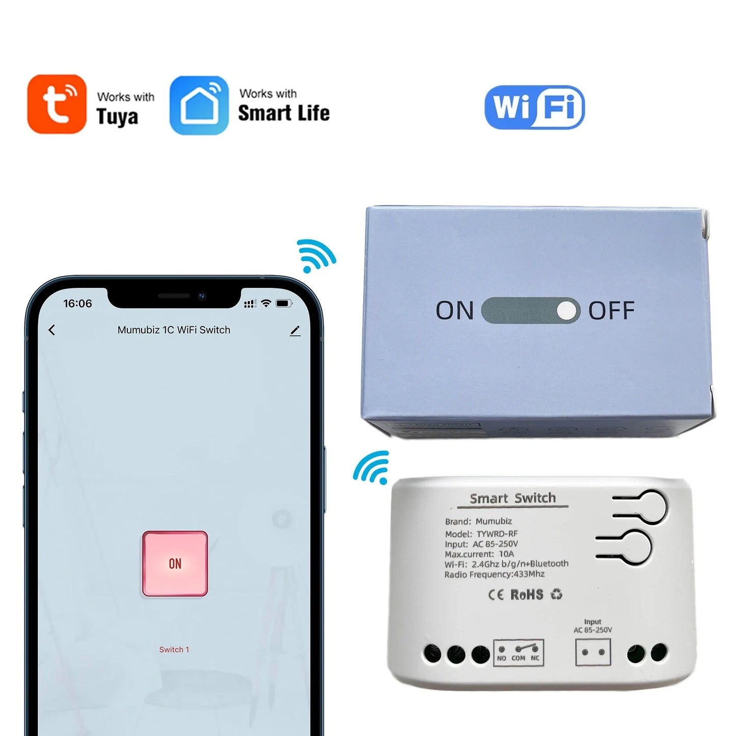 Mumubiz WiFi Smart Switch 250V 1/2/4 Channel Tuya Smart Life APP ,Home Circuit Automation DIY