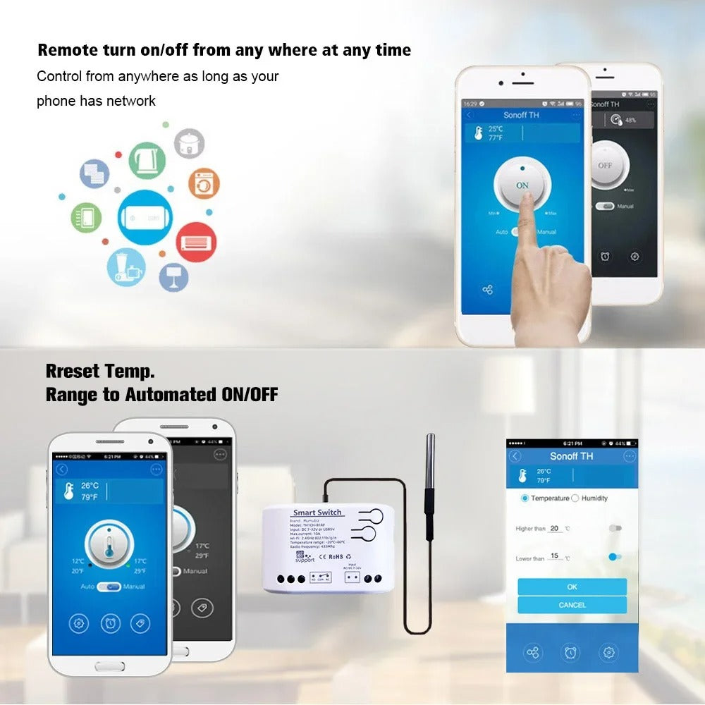 Mumubiz WiFi Temperature Humidity Switch 7-32V Passive Dry Contact Relay , eWelink APP