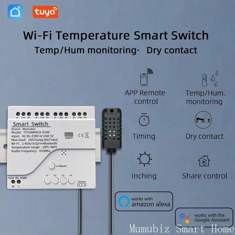 Mumubiz WiFi 250V 4 Channel Temperature Humidity Smart Switch, Tuya Smart Life APP, Passive Dry Contact Module