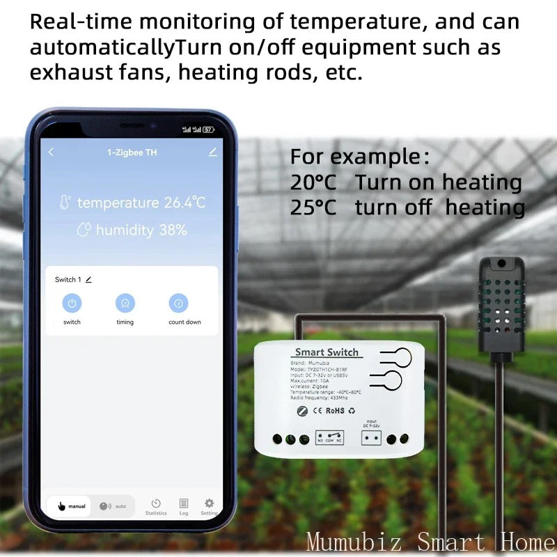 Mumubiz Zigbee 1 Gang Smart Switch with Temperature Humidity Sensor, Tuya Smart Life APP ,Passive Dry Contact Relay