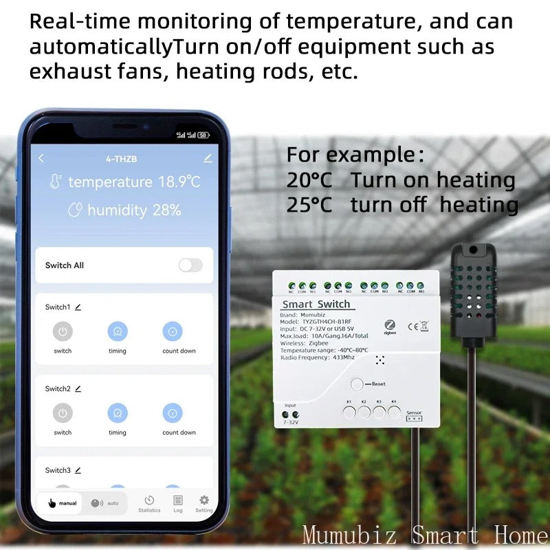 Mumubiz Tuya Zigbee 4 Gang Smart Switch with Temperature or Humidity Sensor Passive Dry Contact 32V 250V Switch Relay