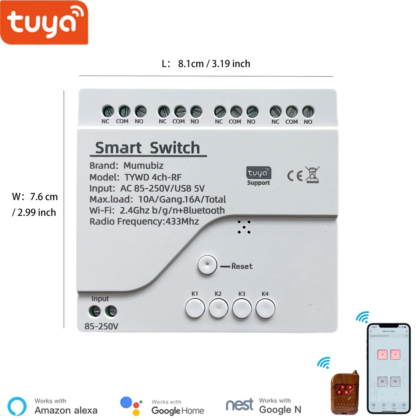 Mumubiz WiFi Smart Switch 250V 1/2/4 Channel Tuya Smart Life APP ,Home Circuit Automation DIY