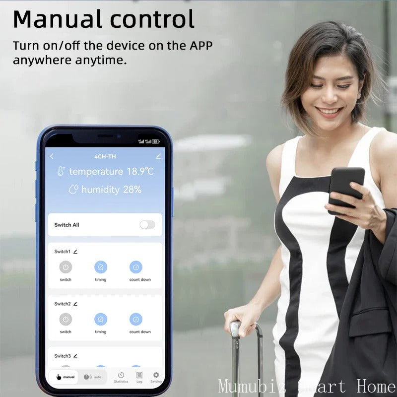 Mumubiz 7-32V WiFi 4 Channel TH Switch With DIN Rail, Temperature or Humidity Sensor Included, Tuya Smart Life APP