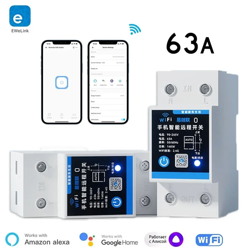 eWelink 63A Din Rail Smart Switch Relay With Power Consumption, WiFi Automation Modules, Compatible with Alexa