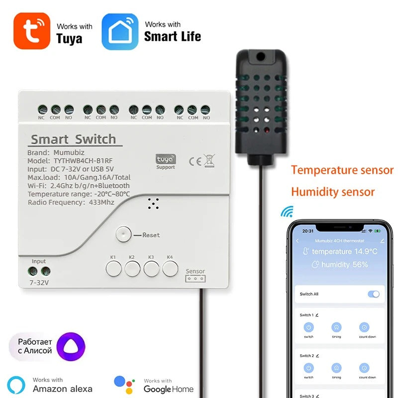 Mumubiz 7-32V WiFi 4 Channel TH Switch With DIN Rail, Temperature or Humidity Sensor Included, Tuya Smart Life APP