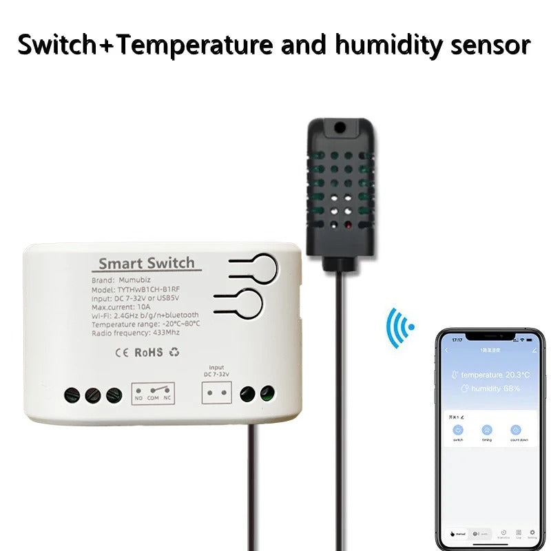 Mumubiz 5V 32V Passive Dry Contact 1 Chanel WiFi Switch Relay ,Temperature Humidity Monitoring Sensor Tuya Smart Life APP
