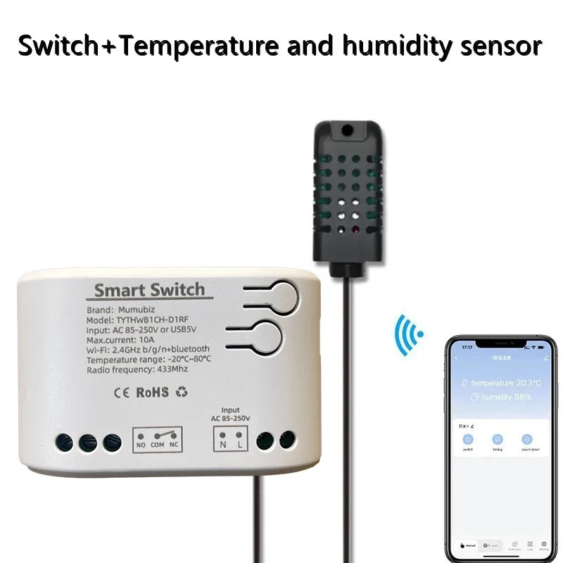 Mumubiz 85~250V WiFi Switch 1 Channel Relay Temperature Humidity Monitoring Thermostat Sensor Passive Dry Contact, Tuya Smart Life APP