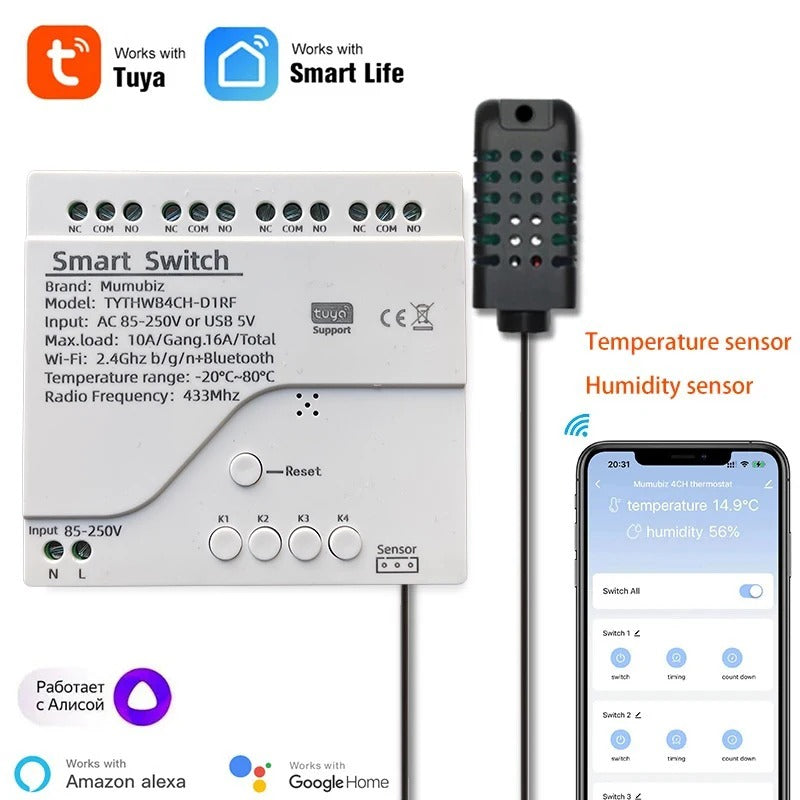 Mumubiz WiFi 250V 4 Channel Temperature Humidity Smart Switch, Tuya Smart Life APP, Passive Dry Contact Module