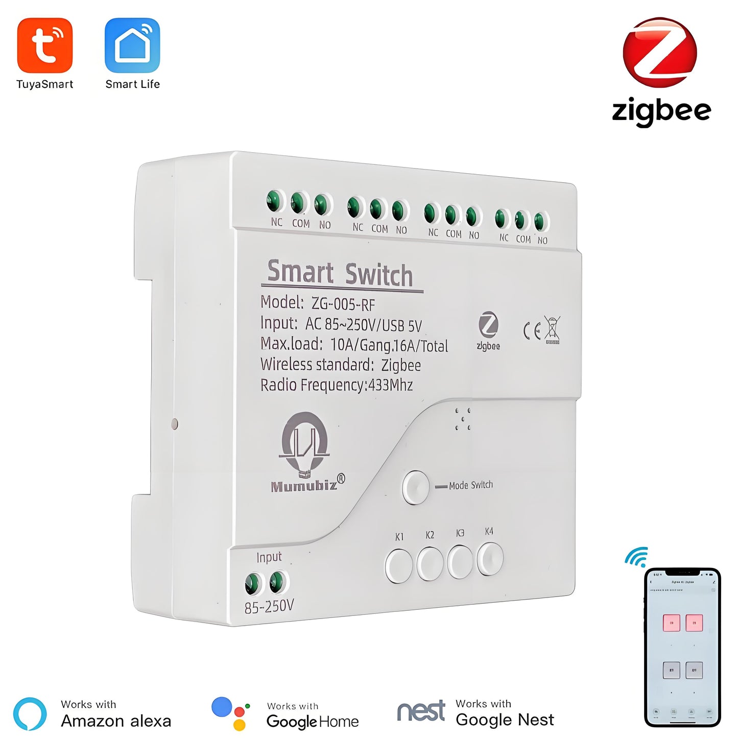 Mumubiz Smart Inching Zigbee3.0 220V Switch 1/2/4 Channel With Ding Rail Housing ,Tuya Smart Life APP,DIY Smart Switch Relay