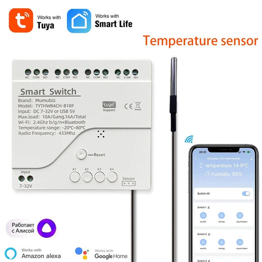 Mumubiz 7-32V WiFi 4 Channel TH Switch With DIN Rail, Temperature or Humidity Sensor Included, Tuya Smart Life APP