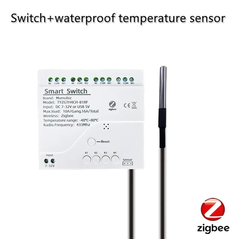 Mumubiz Tuya Zigbee 4 Gang Smart Switch with Temperature or Humidity Sensor Passive Dry Contact 32V 250V Switch Relay