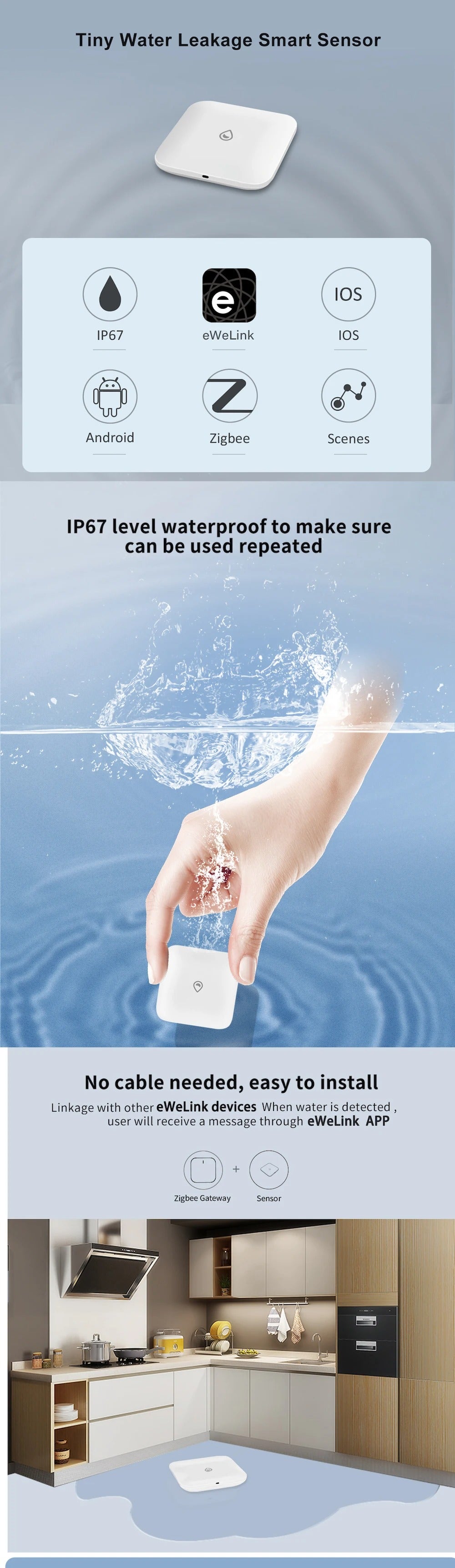 Zigbee 3.0 Water Leakage Sensor, Immersion Alarm Via eWeLink Zigbee Bridge, Zigbee2MQTT Gateway