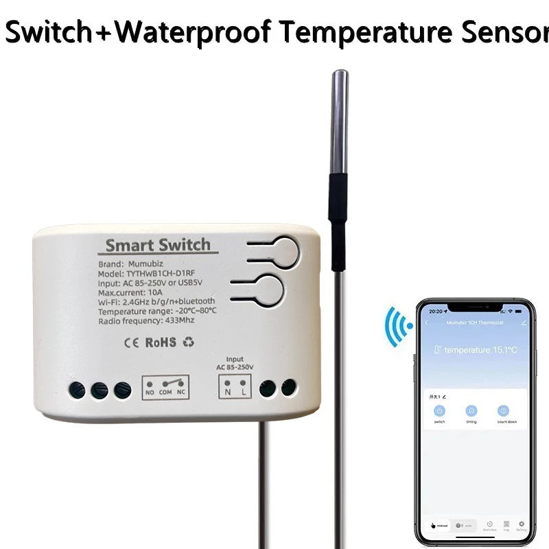 Mumubiz 85~250V WiFi Switch 1 Channel Relay Temperature Humidity Monitoring Thermostat Sensor Passive Dry Contact, Tuya Smart Life APP