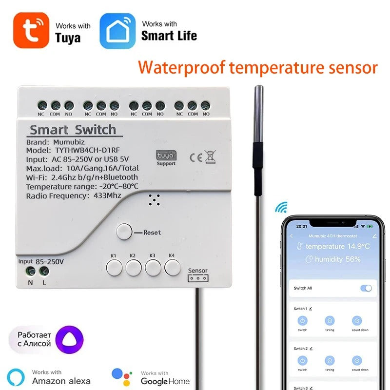 Mumubiz WiFi 250V 4 Channel Temperature Humidity Smart Switch, Tuya Smart Life APP, Passive Dry Contact Module