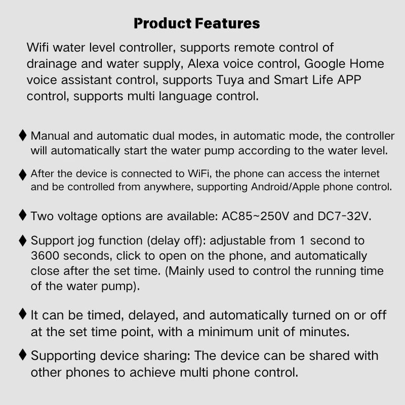 Tuya WiFi Water Level Controller 433MHz RF Relay Switch APP Remote Alexa Voice Auto Supply Drain for Water Tank Pump